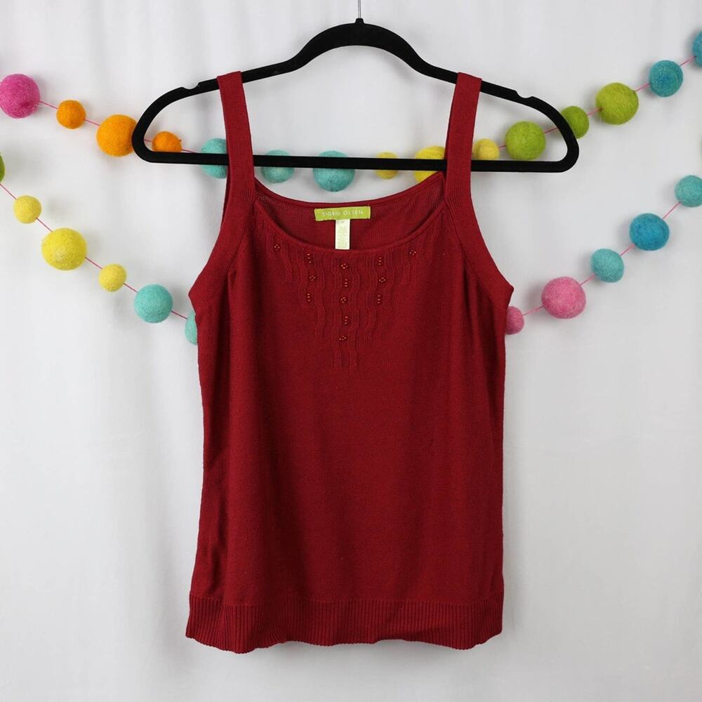 Sigrid Olsen Red Burgundy Knit Sweater Tank Top Bead Detail Medium